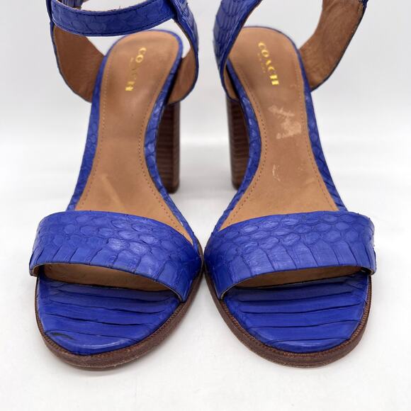 COACH Lexey Snake Embossed Leather Sandals 6 Cobalt Blue Stacked Block Heel - Picture 2 of 11